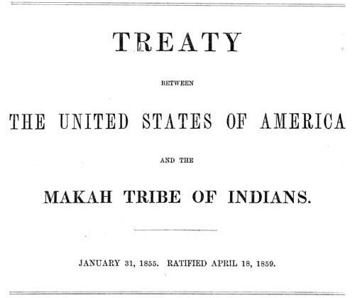 Scan of historical document that reads Treaty between the United States of America and the Makah Tribe of Indians